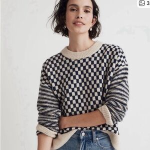 Checkered Knit Sweater - Navy and Cream
